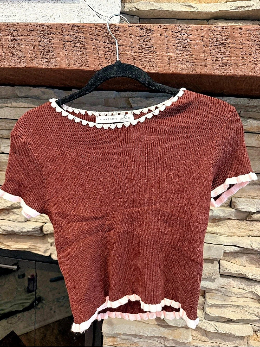 Altar'd State Brown & Pink Ruffle Trim Top